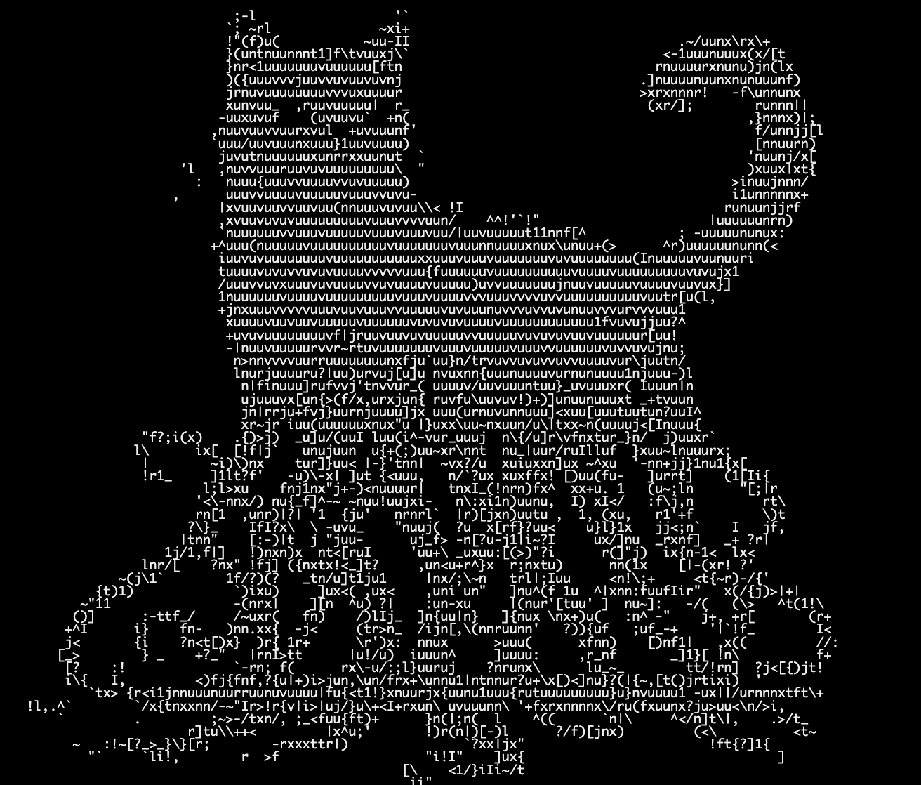 ASCII/text-character art on a black background forming a large silhouetted figure that resembles a hooded or cloaked shape with a triangular skull-like head, rendered entirely from dense clusters of letters and symbols.