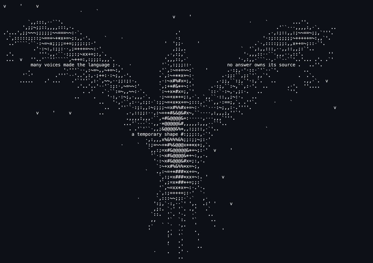 ASCII-art image of a large bird/phoenix with outspread wings rendered in text characters on a dark navy background, with three short lines of aphoristic text overlaid within and beside the wings/body: "many voices made the language", "no answer owns its source", and "a temporary shape". Scattered lowercase v's and apostrophes float around as background texture.